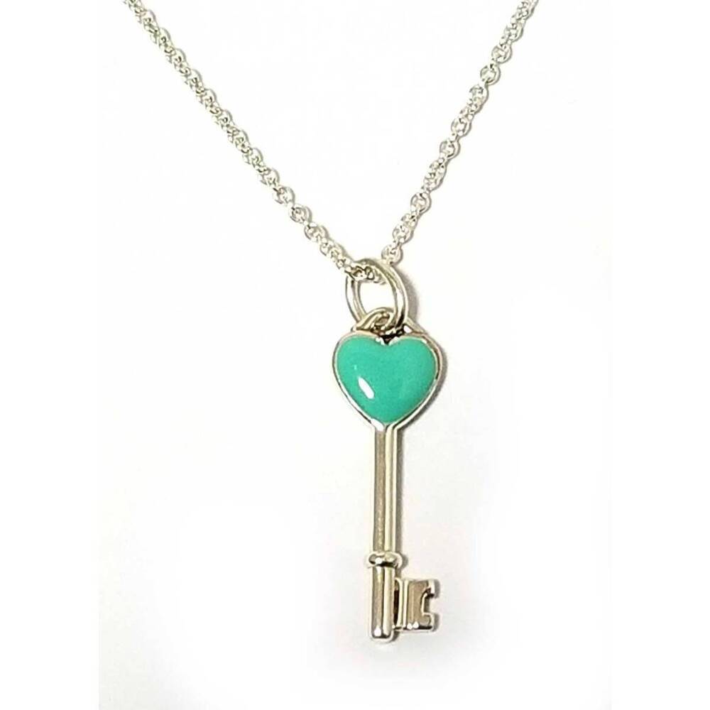 Tiffany Co Heart Key Pendant Necklace Blue Sterling Silver